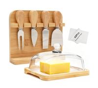 Mantequera de cristal con tapa y cuchillo, 50 hojas de papel para proteger la grasa, plato de mantequilla para encimera con soporte para cuchillos de queso (4 cuchillos)