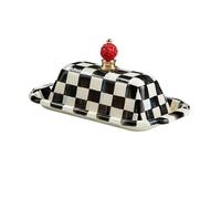 Mantequera esmaltada, bonita bandeja con tapa, cuadros blancos y negros para Cocina Casera y Restaurante