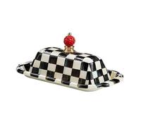 Mantequera esmaltada, bonita bandeja con tapa, cuadros blancos y negros para Cocina Casera y Restaurante