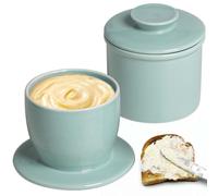 Mantequera francesa de cerámica con tapa redonda, enfriada por agua con línea de flotación, campana de mantequilla, campana de cerámica para mantequilla untable, azul claro