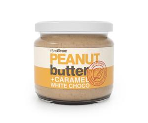 Mantequilla de cacahuete GymBeam con caramelo y chocolate blanco, untable proteico, rico en proteínas, grasas saludables y fibra, suave y cremoso, ideal para postres, 340 g