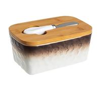 Mantequillera de porcelana con tapa de bambú, rectangular, con colores degradados, apta Compatible with lavavajillas, ideal Compatible with postres.(Bruin)