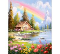 mantianhome Kit de punto de cruz estampado Casa Arcoíris Flores Kit de bordado DIY para principiantes 11CT Kit de inicio de bordado estampado avanzado Decoración del hogar-40X50CM