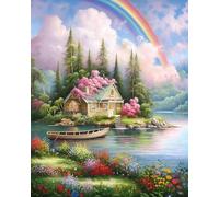 mantianhome Kit de punto de cruz estampado Casa del lago Arcoíris Kit de bordado DIY para principiantes 11CT Kit de inicio de bordado estampado avanzado Decoración del hogar-40X50CM