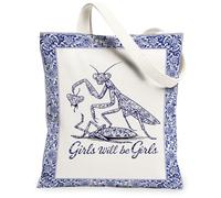 Mantis - Bolsa de lona para mujer, artística, contemporánea, mariposa, flor, ninguno azul, lavable, reutilizable, bolsa de mano para viajes, trabajo, compras, librería, 13 x 15 pulgadas