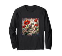 Mantis Religiosa vidriera Vibrante Flor de Amapola Arte de Insectos Manga Larga