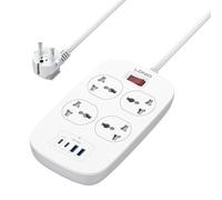 MANTO Regleta con 4 puertos USB (2 puertos USB-C PD 45 W, 2 x USB-A), 4 enchufes de CA universales US/UK/EU, 2500 W, cable de 2 m, protección infantil y protección contra sobretensiones para hotel