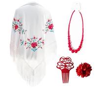 Mantón Bordado en Flores para Baile Flamenco Español, Set de Complementos Sevillana, Mantón, Collar, Flor y Peineta Flamenca para Adultos (Blanco)