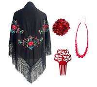 Mantón Bordado en Flores para Baile Flamenco Español, Set de Complementos Sevillana, Mantón, Collar, Flor y Peineta Flamenca para Adultos (Negro)