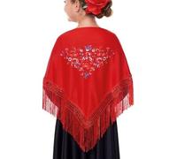 Mantón de Manila bordado de flor colores liso para mujer niña, Manton de Flamenco para el Vestido de Feria, Sevillana o Flamenca (Rojo flor pequeña)