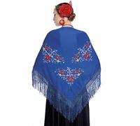 JORXG Mantón de Manila bordado de flor colores liso para mujer niña, Manton de Flamenco para el Vestido de Feria, Sevillana o Flamenca (Azul flor grande)