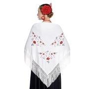 Mantón de Manila bordado de flor colores liso para mujer niña, Manton de Flamenco para el Vestido de Feria, Sevillana o Flamenca (Blanco flor grande)