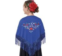 Mantón de Manila bordado de flor colores liso para mujer niña, Manton de Flamenco para el Vestido de Feria, Sevillana o Flamenca (Azul flor pequeña)
