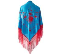 Mantón de Manila Mujer de Pico en Triángulo, Mantones de Flamenca Bordado en Flores, Mantoncillos de Flamenca de Flor (Celeste/Rojo)