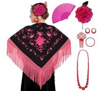 Manton de Manila Mujer Flamenca, Manton Bordado+Rosa Flamenca para el Pelo+Abanico Flamenco+Peineta Flamenco (Accesorio Flamenco Feria de Abril, Manton Negro Bordado Fucsia, Adulto)