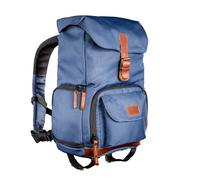 Mantona Mochila Retro Junior Luis (aplicaciones de cuero, incluye funda impermeable, compartimentos flexibles y espacio para tableta, compatible con 1 cámara DSLR, 1-2 objetivos y accesorios), azul