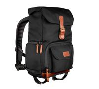 Mantona Mochila Retro Junior Luis (con Aplicaciones de Cuero, Incluye Funda de Lluvia, Compartimentos Flexibles y Espacio para Tableta, Compatible con 1 Cámara DSLR, 1-2 Objetivos), Negro