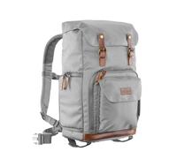 Mantona Mochila Retro Luis (con Aplicaciones de Cuero, Incluye Funda de Lluvia, Compartimentos Flexibles y Espacio para Laptop, Compatible con 1 Cámara DSLR, 3 Objetivos y Otros Accesorios), Gris
