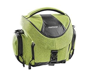 Mantona Premium - Funda para cámara DSLR y DSLM con Objetivo (Incluye protección contra el Polvo, Correa Acolchada para el Hombro, Cierre de Clip, división Interior Ajustable), Color Verde