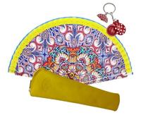 MANTONDEMANILA.COM Pack Abanico Plegable 22 cm con Diseño Estampado + Funda de Piel con Cremallera + LLavero Flamenco (Amarillo)