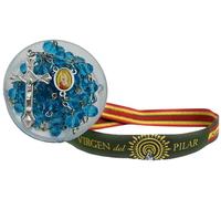 MANTONDEMANILA.COM Rosario de Cuentas de Cristal con Crucifijo y Medalla de la Virgen de Guadalupe + Cajita Redonda y Pulsera de Tela de Virgen del Pilar (Azul)