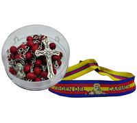 MANTONDEMANILA.COM Rosario de Cuentas de Madera con Crucifijo y Medalla de la Virgen María + Cajita Redonda y Pulsera de Tela de Virgen del Carmen (Rojo 2)