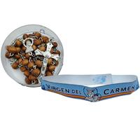 MANTONDEMANILA.COM Rosario de Cuentas de Madera con Crucifijo y Medalla de la Virgen María + Cajita Redonda y Pulsera de Tela de Virgen del Carmen (Ocre 2)