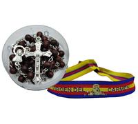 MANTONDEMANILA.COM Rosario de Cuentas de Madera con Crucifijo y Medalla de la Virgen María + Cajita Redonda y Pulsera de Tela de Virgen del Carmen (Marrón)