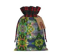 Many Frogs Sing On The Branches Summer Butterflies Lake Water Printing Color Matching Plaid Drawstring Christmas Bag with Kraft Tag 4.7x6.9 In For Halloween