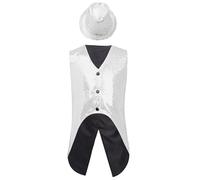 Manyakai Chaqueta Brillante sin Mangas para Niños 6-16 Años Esmoquin Chaleco Lentejuelas de Baile con Sombrero para Danza Jazz y Fiesta Actuación Plateado 5-6 años