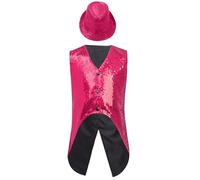 Manyakai Chaqueta Brillante sin Mangas para Niños 6-16 Años Esmoquin Chaleco Lentejuelas de Baile con Sombrero para Danza Jazz y Fiesta Actuación Rosa caliente 11-12 años