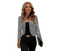 Manyakai Chaqueta Corta de Mujer Bolero Ceremonia Cárdigan Corta de Lentejuelas Brillantes Abierta Frontal para Fiesta Boda Invitada Salidas Nocturnas Gris M
