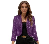 Manyakai Chaqueta Corta de Mujer Bolero Ceremonia Cárdigan Corta de Lentejuelas Brillantes Abierta Frontal para Fiesta Boda Invitada Salidas Nocturnas Púrpura S