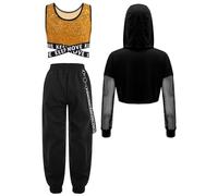 Manyakai Conjunto de Chándal de Tres Piezas para Niñas de Baile Callejero Hip Hop con Sudadera Corta+Chaleco Lentejuelas+Pantalones Cargos Traje de Danza 5-16 Años Dorado 9-10 años