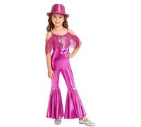 Manyakai Conjunto Lentejuelas Niñas Dos Piezas Mono Metálico con Flecos y Sombrero Traje Brillante Disfraz Disco Jazz Latino Samba para Fiesta Actuación 5-16 Años Rosa oscuro 13-14 años