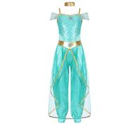 Manyakai Disfraz de Princesa Jazmín para Niña Mono de Árabe Vestido Princesa Aladino con Tul Lentejuelas y Diadema Traje Danza Árabe para Halloween Carnaval 5-16 Años Verde claro 9-10 años