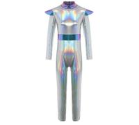 Manyakai Disfraz de Traje Espacial Completo para Niñas Mono de Alienígena Holográfico con Aro de Pelo de Extraterrestre Disfraz de Alien del Espacio Exterior de Cosplay 5-16 Años Plateado A 11-12 años