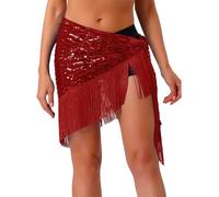 Manyakai Falda con Borlas Pañuelo de Cadera Danza del Vientre Mujer Falda de Cruzada de Triángulo Bufanda Lentejuelas de Baile para Espectáculo Rojo Talla única