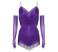 Manyakai Maillot de Baile Latino para Mujer Body de Patinaje Artístico Maillot con Flecos y Pedrería Brillante y Guantes de Malla Vestido Baile de Salón Tango Rumba S-XXL Morado A XS