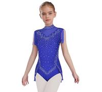 Manyakai Maillot de Patinaje Artístico con Flecos para Niñas Leotardos de Danza sin Mangas con Volantes y Pedrería Brillante Maillot de Baile Latino Jazz Azul real 15-16 años