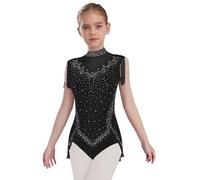 Manyakai Maillot de Patinaje Artístico con Flecos para Niñas Leotardos de Danza sin Mangas con Volantes y Pedrería Brillante Maillot de Baile Latino Jazz Negro 13-14 años