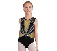 Manyakai Maillot Gimnasia Rítmica de sin Mangas para Niña con Pedrería Brillante Body de Patinaje Artístico Malla de Gimnasia Disfraz de Bailarina Negro&Oro 11-12 años