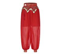 Manyakai Pantalones de Harén Ligero para Mujer Pantalones Bombachos para Danza del Vientre con Borlas de Lentejuelas y Abertura Lateral Rojo M