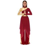 Manyakai Traje de Danza Cristiana de Alabanza Festiva con Patchwork Brillante para Mujer Manga Larga con Vestido Ballet Lírico de Tul y Pantalones Anchos de Baile borgoña C L