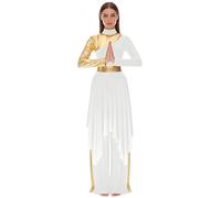 Manyakai Traje de Danza Cristiana de Alabanza Festiva con Patchwork Brillante para Mujer Manga Larga con Vestido Ballet Lírico de Tul y Pantalones Anchos de Baile Blanco C L
