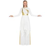 Manyakai Traje de Danza Cristiana de Alabanza Festiva con Patchwork Brillante para Mujer Manga Larga con Vestido Ballet Lírico de Tul y Pantalones Anchos de Baile Blanco A S