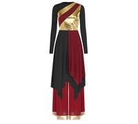 Manyakai Traje de Danza Cristiana de Alabanza Festiva con Patchwork Brillante para Mujer Manga Larga con Vestido Ballet Lírico de Tul y Pantalones Anchos de Baile Borgoña Negro D XXL