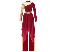 Manyakai Traje de Danza Cristiana de Alabanza Festiva con Patchwork Brillante para Mujer Manga Larga con Vestido Ballet Lírico de Tul y Pantalones Anchos de Baile borgoña C XL