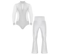 Manyakai Traje de Patinaje Artístico para Hombres con Maillot de Danza y Pantalones Campana con Flecos Traje Baile de Salón Latín Jazz Tango Salsa Rumba Cha-Cha Blanco L