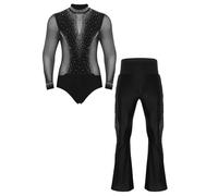 Manyakai Traje de Patinaje Artístico para Hombres con Maillot de Danza y Pantalones Campana con Flecos Traje Baile de Salón Latín Jazz Tango Salsa Rumba Cha-Cha Negro L